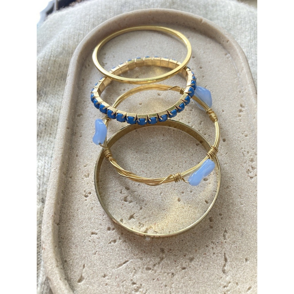 Gold Tone Stacking Bangle Bracelets Set Of 4 Wire Wrapped Boho Blues Romantic